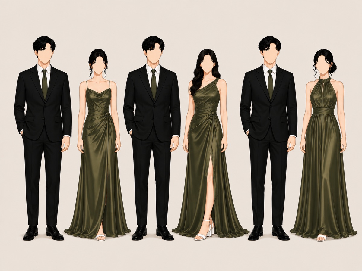Groomsmen in black suits with olive green neckties and bridesmaids in olive green satin gowns